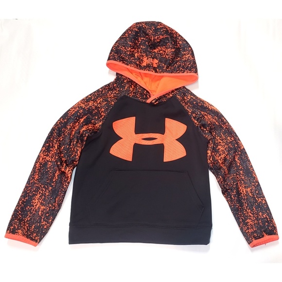 Boys Kids Youth UNDER ARMOUR Long Sleeve Pullover Hoodie NEW Gray Orange Large